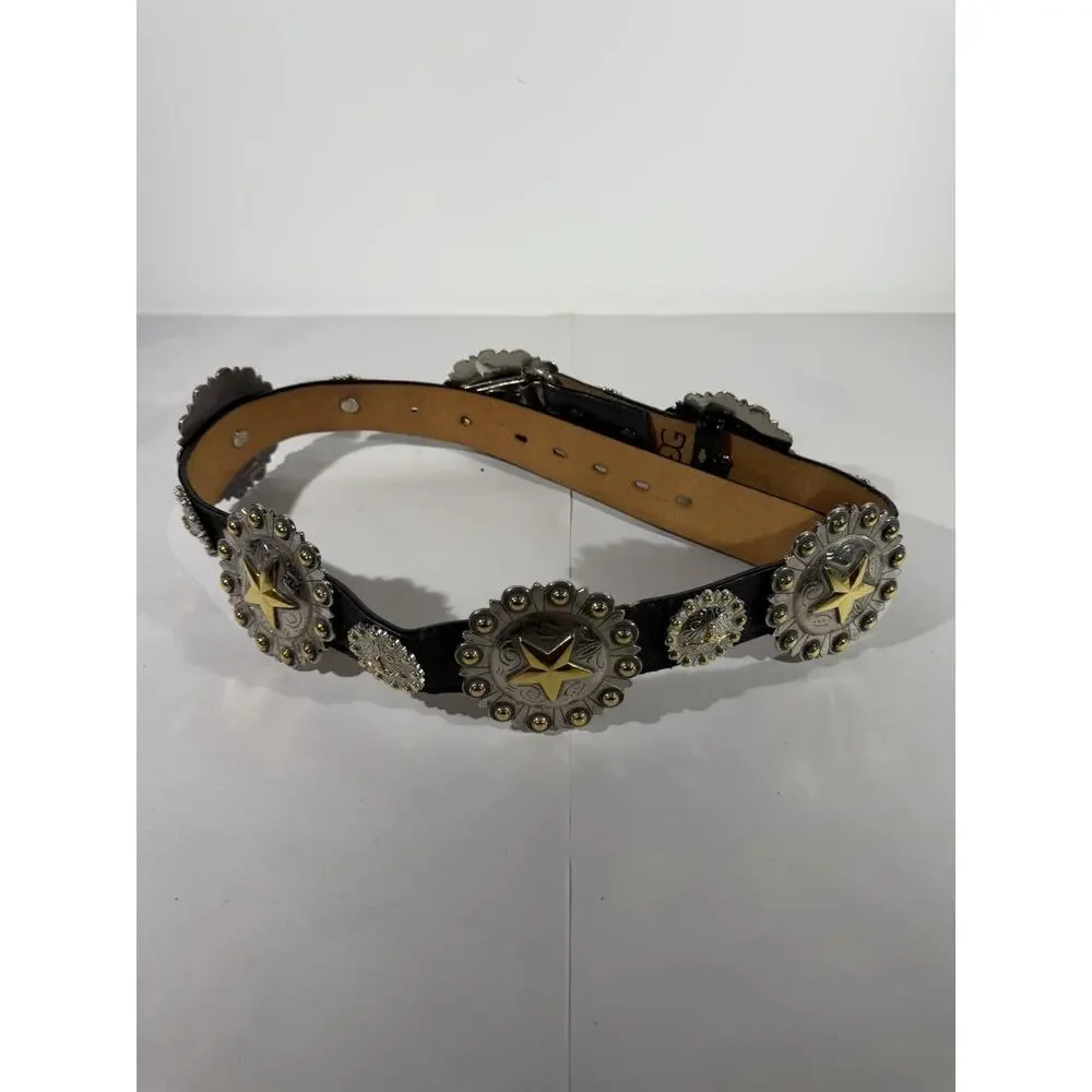 Cowboy Decor Western Concho Belt Leather Metal Cowgirl Rodeo Size 34 Womens